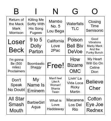 90s Music Bingo Card