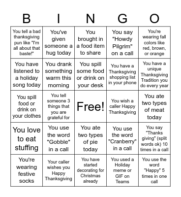 Thanksgiving Fun Bingo Card