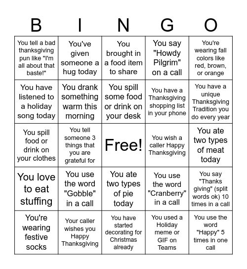 Thanksgiving Fun Bingo Card