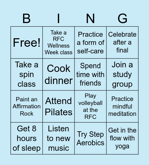 RFC Wellness Week Bingo Card