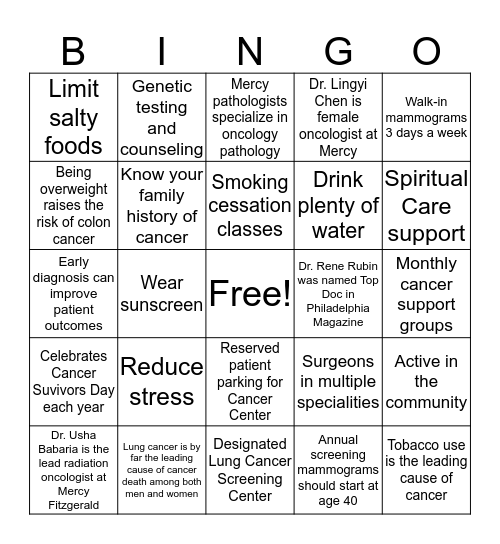 Mercy Cancer Care at Mercy Fitzgerald Hospital Bingo Card