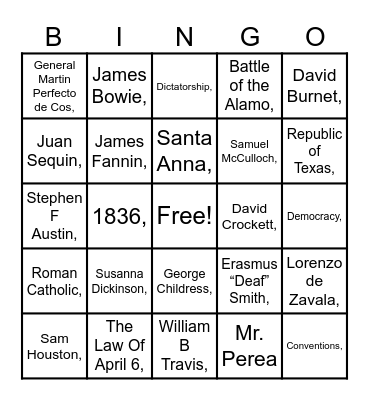 Texas Revolution Bingo Card