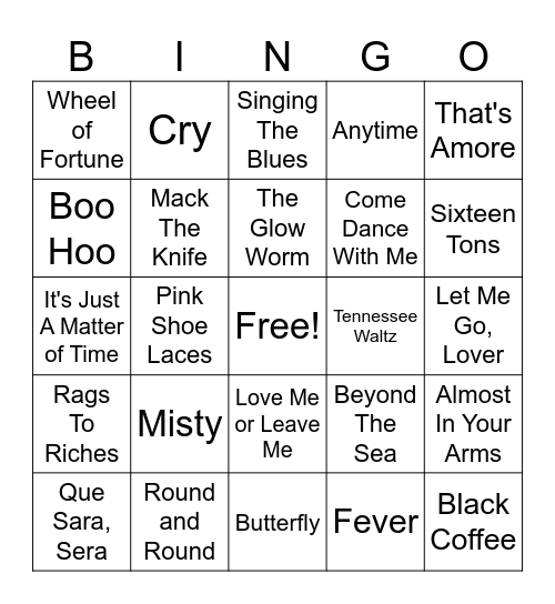 50 Hits Bingo Card