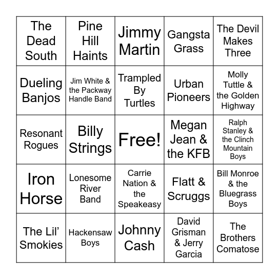 Boogie Down Bingo Bluegrass/Americana Bingo Card