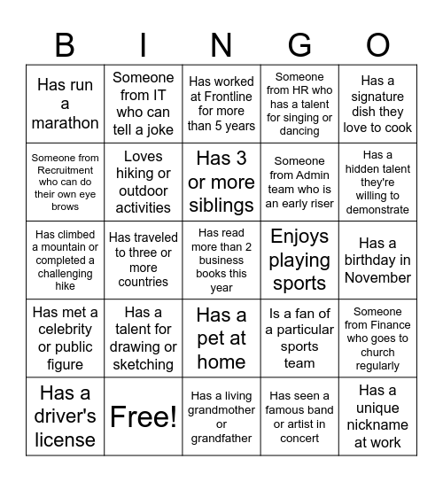 Networking Bingo Card