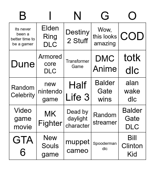 GOTY 2023 Bingo Card