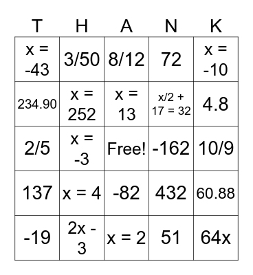 Thanksgiving Math Bingo Card