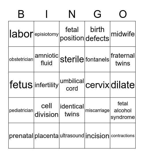 Pregnancy, Labor & Delivery Bingo Card