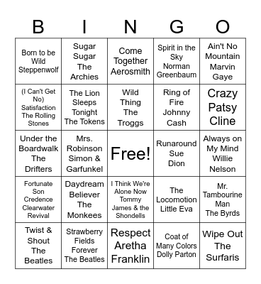 60s Music Bingo Card