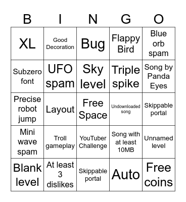 Geometry Dash Recent Tab Bingo Card