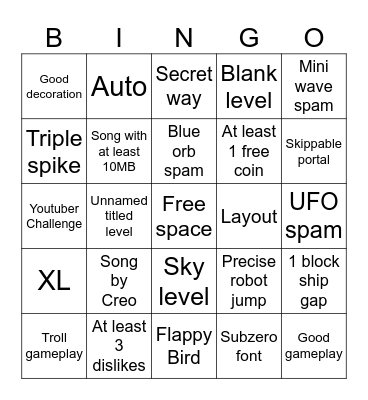 Geometry Dash Recent Tab Bingo Card