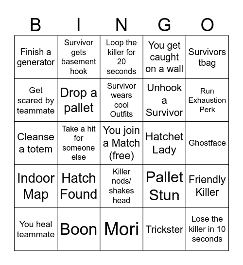 DBD Match Bingo (Survivor) Bingo Card