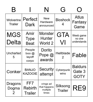 TGA 2023 Bingo Card