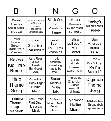 Marlee's Obscure Songs Bingo Card