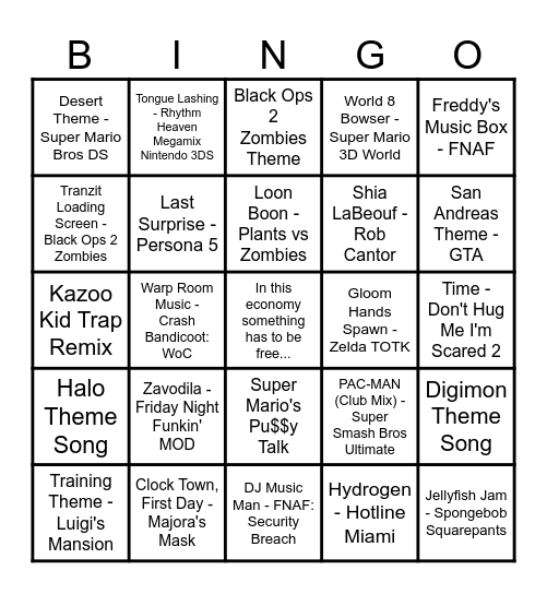 Marlee's Obscure Songs Bingo Card