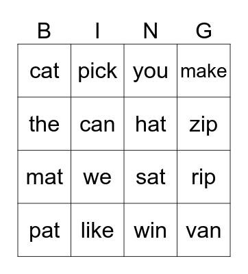 Grade Kindergarten Bingo Card