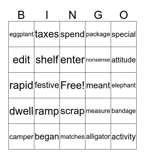 Short Vowel Bingo Card