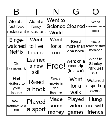 Spring Break Bingo Card