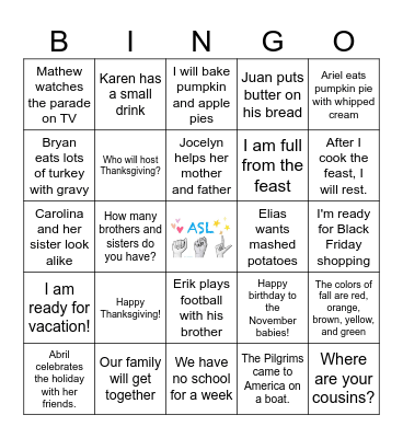 ASL Thanksgiving/Family Bingo Card