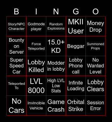 GTA Online Bingo Card