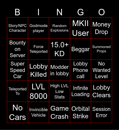 GTA Online Bingo Card