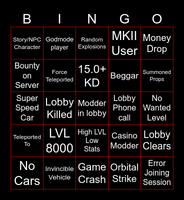 GTA Online Bingo Card