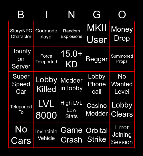 GTA Online Bingo Card