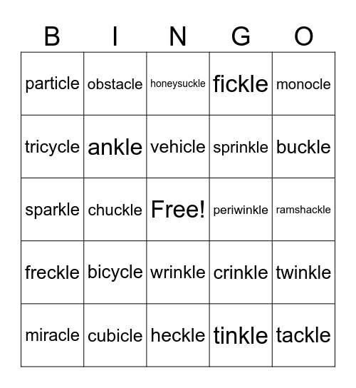 -cle/-kle/-ckle Words Bingo Card