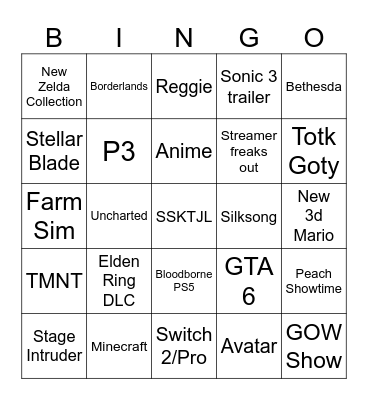 Game Awards Bingo Card