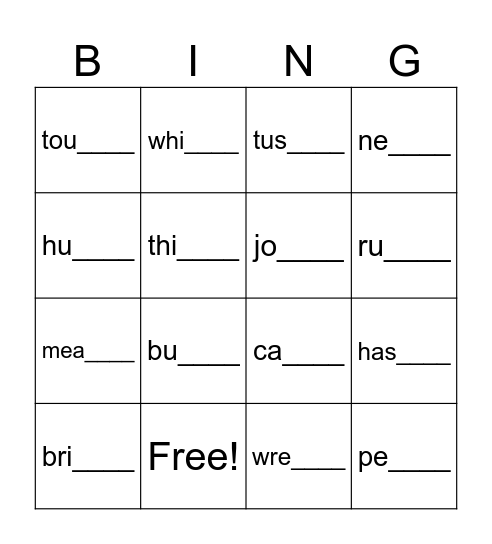 -cle/-kle/-ckle Words Bingo Card