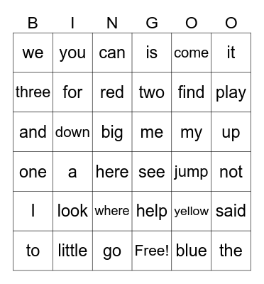 Sight Words 1 Bingo Card
