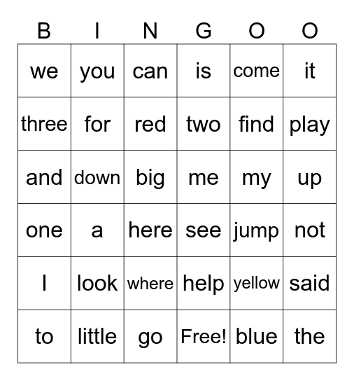 Sight Words 1 Bingo Card