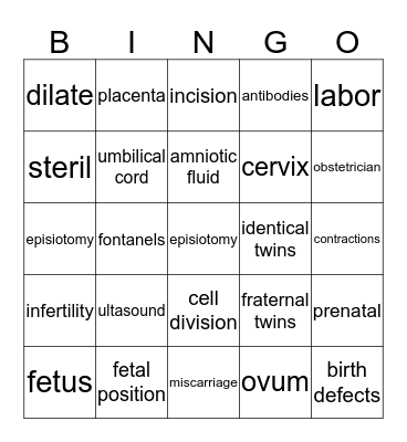 Pregnancy, Labor, & Delivery Bingo Card