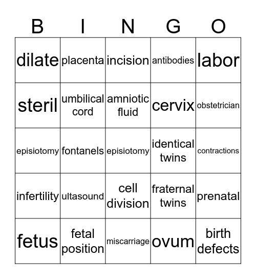 Pregnancy, Labor, & Delivery Bingo Card