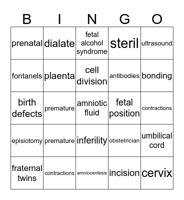 Pregnancy, Labor, & Delivery Bingo Card