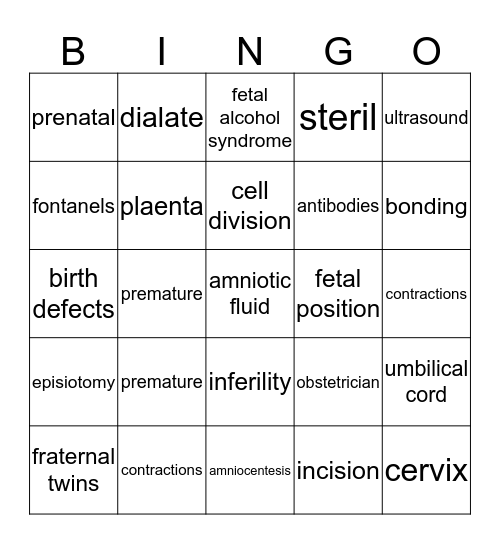 Pregnancy, Labor, & Delivery Bingo Card