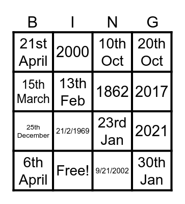 Dates and years Bingo Card