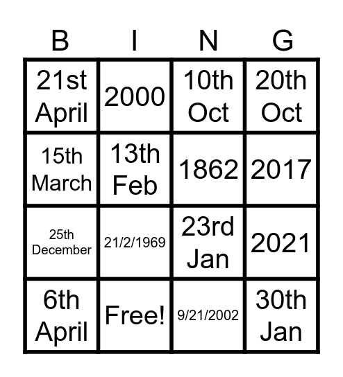 Dates and years Bingo Card
