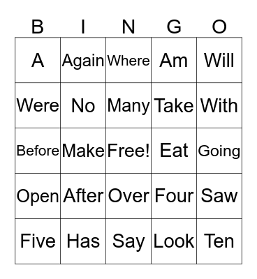 Site Word Bingo Card