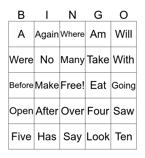 Site Word Bingo Card