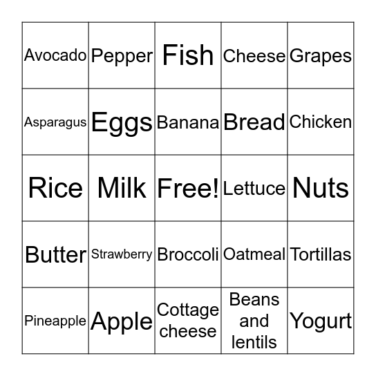 Healthy Food Choices Bingo Card