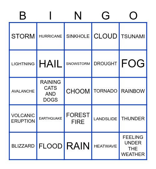 Weather Bingo Card