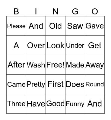 Site Word Bingo Card