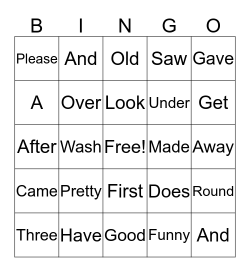 Site Word Bingo Card