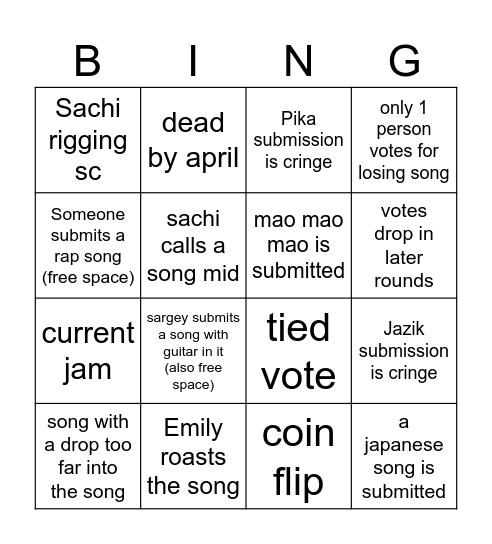 sachi song comp bingo Card