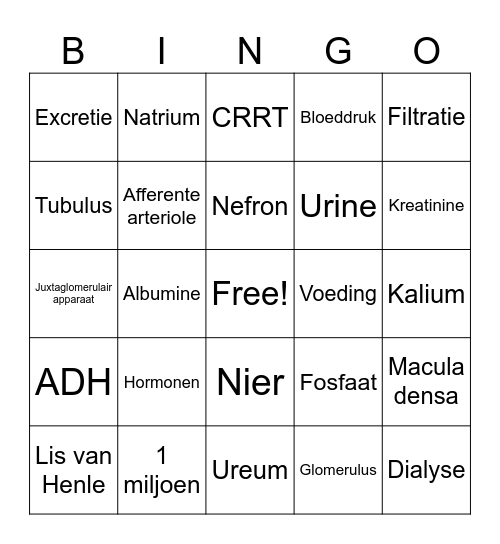 Nieren Bingo Card