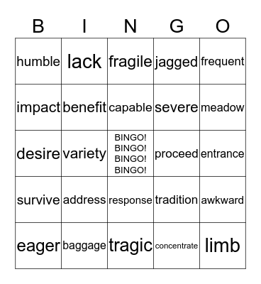 Vocabulary Bingo! Bingo Card