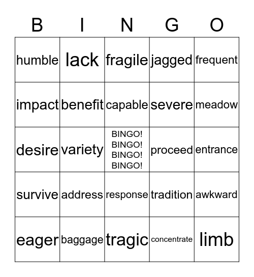 Vocabulary Bingo! Bingo Card