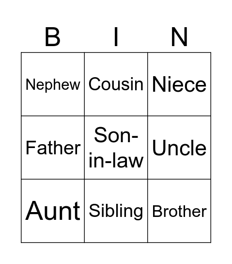 Family members Bingo Card