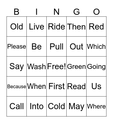 Site Word Bingo Card